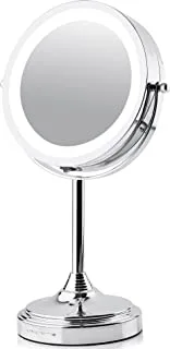 Ovente 7'' Lighted Tabletop Makeup Mirror, 1X & 7X Magnifier, Adjustable Spinning Double Sided Round LED, Great for Vanity, Bath, & Bedroom, Battery Powered, Polished Chrome MCT70CH1X7X