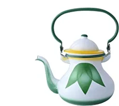 Al Saif Leaf Design Enamelware Morocco Tea Kettle, 3.0 Liter Capacity, Green