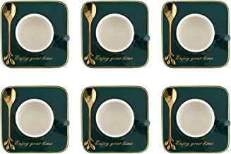 Al Saif Saucer, Steel Spoon and 180cc Tea Cup Coffee Set 18-Pieces, Green Glaze