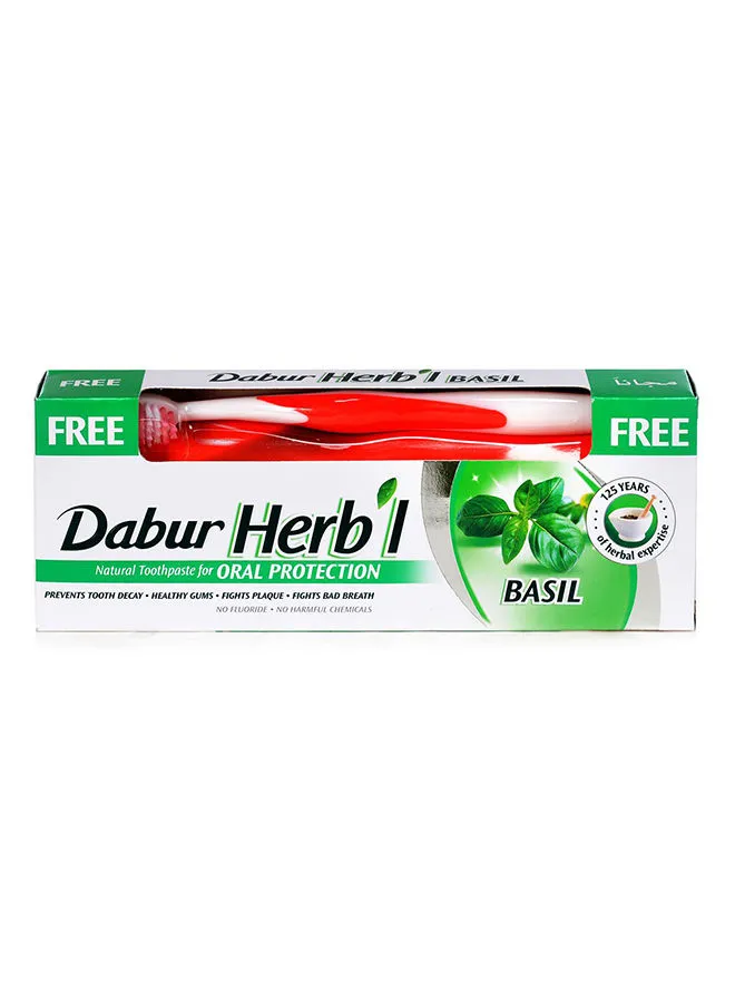 Dabur Herbal Basil Natural Toothpaste 140 g + Toothbrush | For Oral Protection | Prevents Tooth Decay | Fights Bad Breath 140.0grams