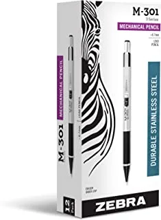 Zebra M-301 Stainless Steel Mechanical Pencil, 0.7mm Point Size, Standard HB Lead, Black Grip, 12-Count