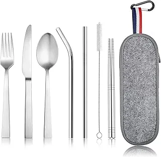 McMola Portable Utensils, Travel Camping Cutlery Set, 8-Piece including Knife Fork Spoon Chopsticks Cleaning Brush Straws Portable Case, Stainless Steel Flatware set (8-piece color random)