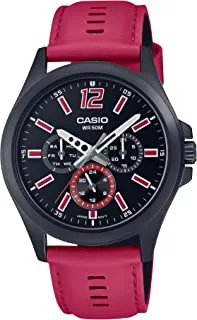 Casio Men Watch Analog Multi Hand Black Dial Genuine Leather Band Black Ion Plated Case MTP-E350BL-1BVDF