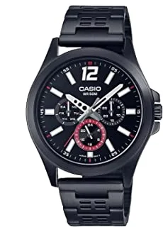 Casio Men Watch Analog Multi Hand Black Dial Stainless Steel Black Ion Plated Band and Case MTP-E350B-1BVDF