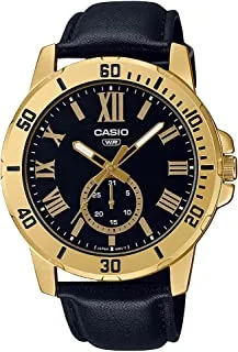 Casio Men Watch Analog Black Dial Gold ion Plated Case Leather Band MTP-VD200GL-1BUDF