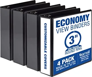 Samsill Economy 3 Inch 3 Ring Binder, Made in the USA, Round Ring Binder, Customizable Clear View Cover, Black, 4 Pack (MP48580)