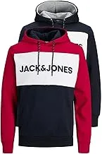 Jack & Jones Mens Pullover Sweatshirt Multipack, Hooded, Printed Logo, XL 2PK Red + Navy, Red,navy, One size