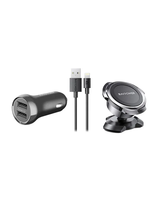 RAVPOWER 3-In-1 17W Car Charger With Mount And Cable Black