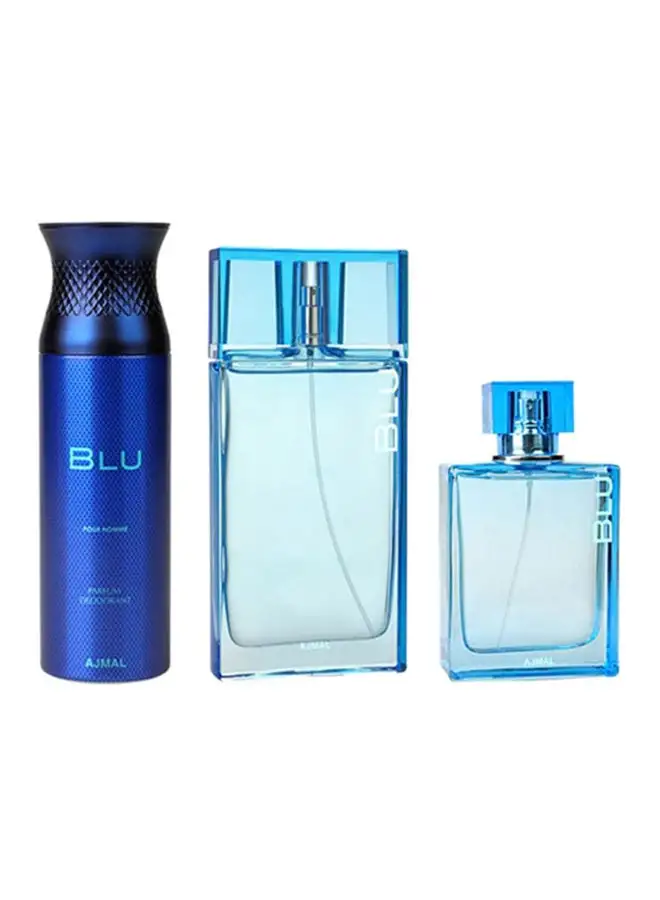 Ajmal 3-Piece Blu Gift Set Deodarant 200 Ml, Spray 90 milliliter Cologne 100ml