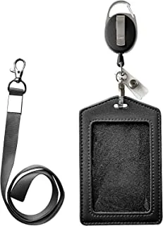 Goodern Leather ID Card Case Heavy Duty Lanyard Badge Holder Retractable Reel Carabiner Durable Card Holder and Plastic Clip Office Work Badges Accessories (Black)