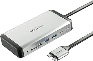 موزع متعدد الشاشات الممتد من بروميت مع منفذ إيثرنت مزدوج 4K HDMI بسرعة 1 جيجابت في الثانية ، وموصلات توصيل الطاقة USB-C بقوة 100 وات ، ومنافذ USB-C ثنائية لمزامنة البيانات ، ومنافذ USB لمزامنة البيانات ، وقارئ بطاقات ، ومنفذ AUX لجهاز MacBook VersaHub-MST