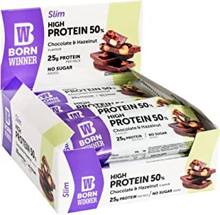 Born Winner Slim protein bar Chocolate Hazelnut 12 x 50g , has 25g PROTEIN,NO SUGAR ADDED LOW CARBS, FATS AND KCAL DIET FRIENDLY