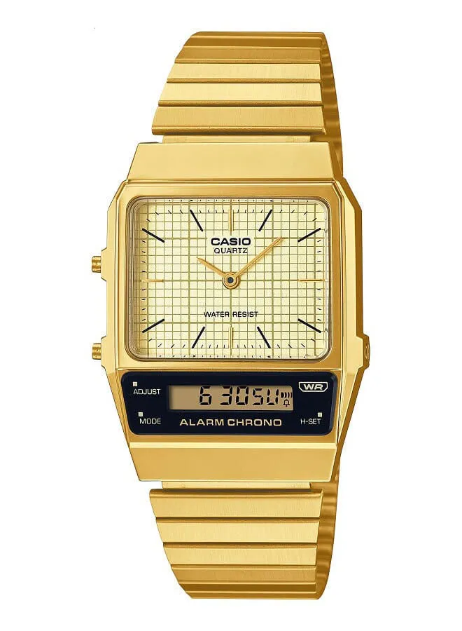 ساعة كاسيو للجنسين فينتاج مستطيل الشكل رقمي انالوج بعقارب ذهبي بسوار ستانلس ستيل AQ-800EG-9ADF