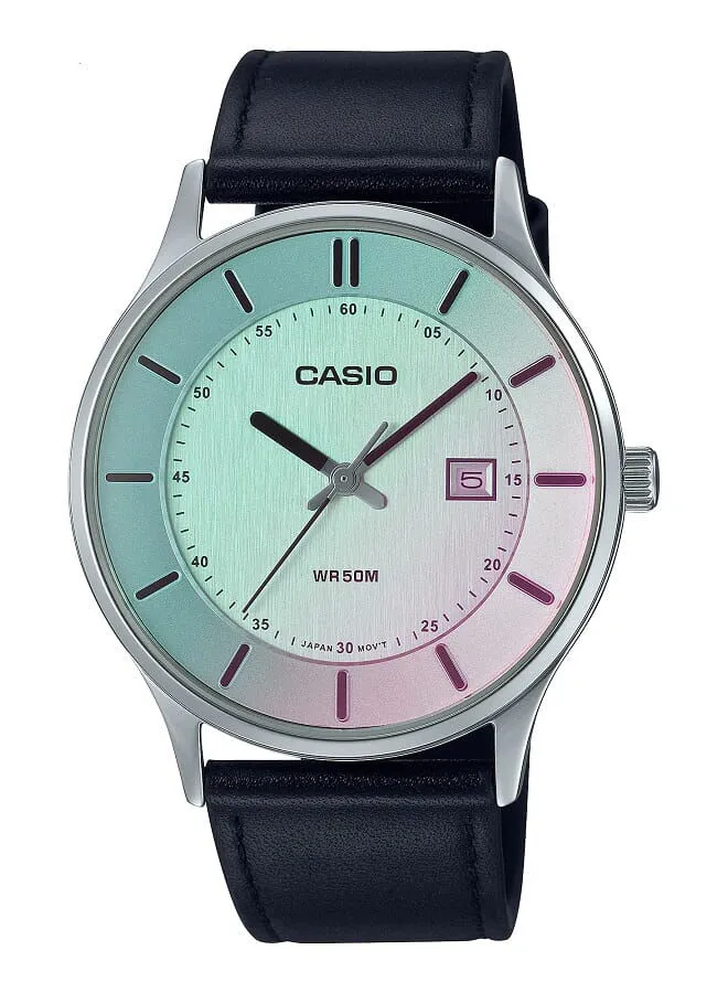CASIO Men Watch Analog Date Display Multi Color Dial Polarized Glass Leather Band MTP-E605L-7EVDF