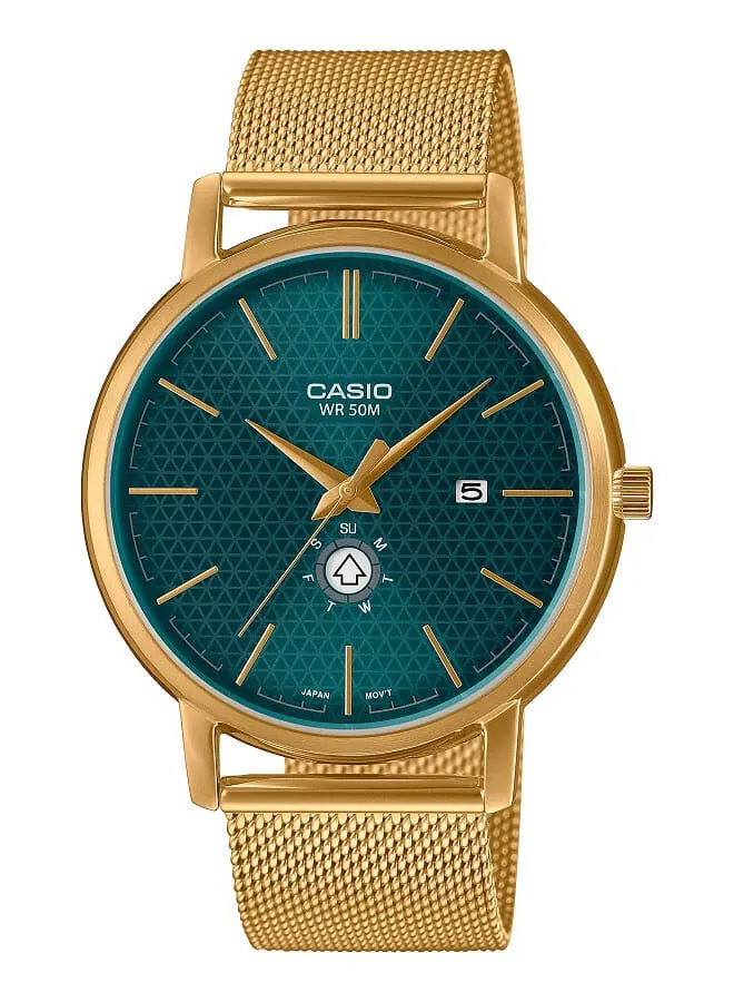CASIO Men Watch Analog Green Dial Stainless Steel Mesh Gold Ion Plated Band And Case MTP-B125MG-3AVDF