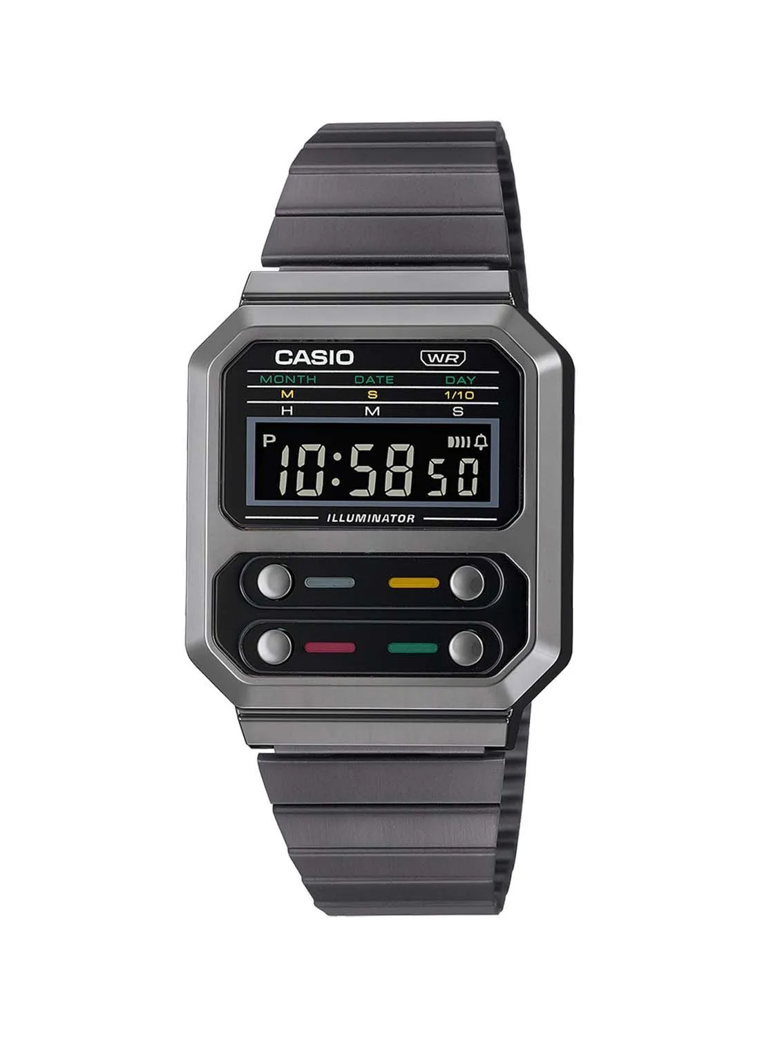 كاسيو ساعة يد رقمية مربعة مقاومة للماء مع ستانلس ستيل A100WEGG-1ADF