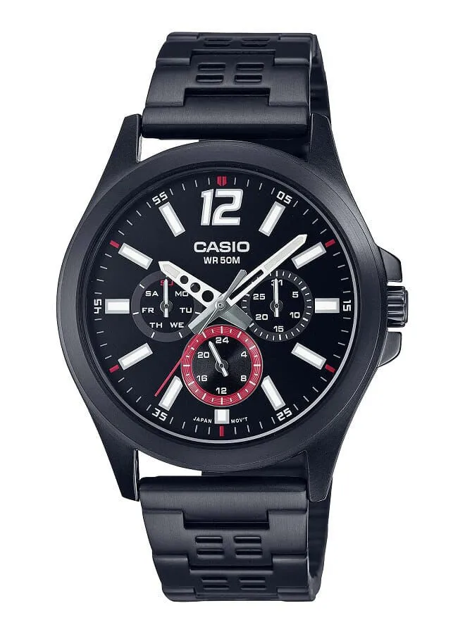CASIO Men Watch Analog Multi Hand Dial Stainless Steel Black Ion Plated Band And Case MTP-E350B-1BVDF