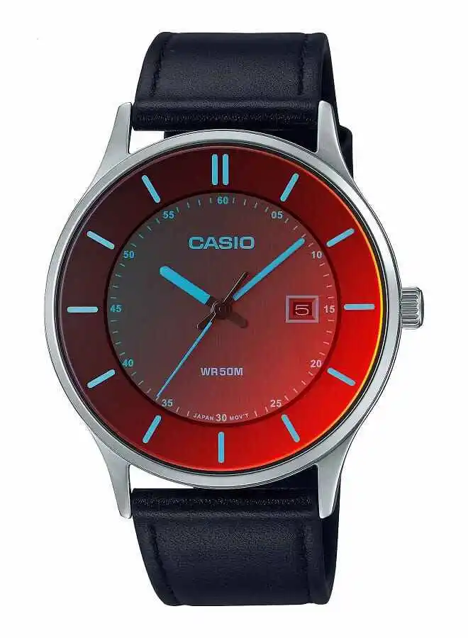 CASIO Men Watch Analog Date Display Red Dial Polarized Glass Leather Band MTP-E605L-1EVDF