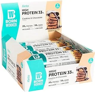 Born Winner Protein bar KETO - COOKIES N CHOCO 12 x 60g NO SUGARADDED LOW IN CARBOHYDRATES, HAS 20g OF PROTEIN , HIGH PROTEIN AND FIBERS