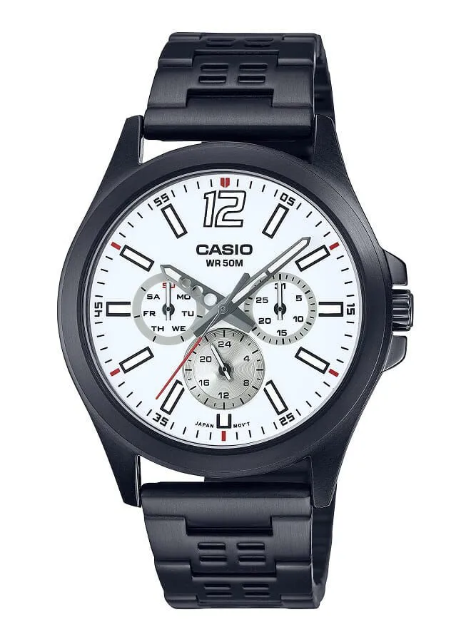 CASIO Men Watch Analog Multi Hand White Dial Stainless Steel Black Ion Plated Band And Case MTP-E350B-7BVDF