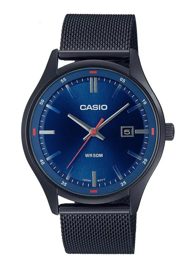 CASIO Men Watch Analog Date Display Blue Dial Stainless Steel Mesh Band Black Ion Plated Case MTP-E710MB-2AVDF
