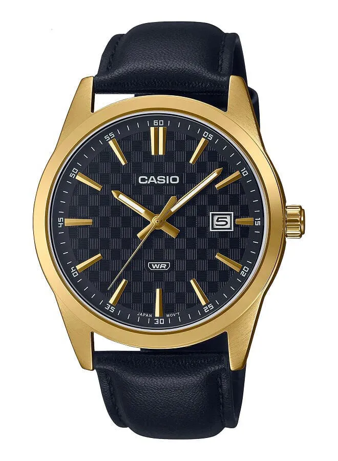 CASIO Men Watch Analog Date Display Black Dial Leather Band Gold Ion Plated Case MTP-VD03GL-1AUDF