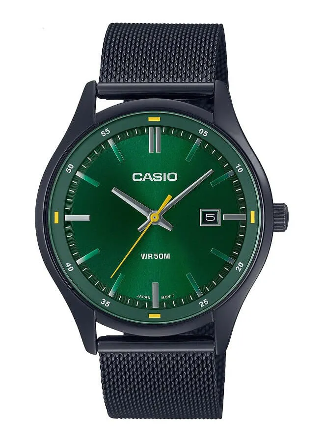 CASIO Men Watch Analog Date Display Green Dial Stainless Steel Mesh Band Black Ion Plated Case MTP-E710MB-3AVDF