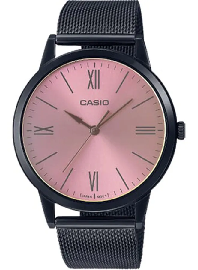 CASIO Men Watch Analog Pink Dial Stainless Steel Mesh Black Ion Plated Band And Case MTP-E600MB-4BDF