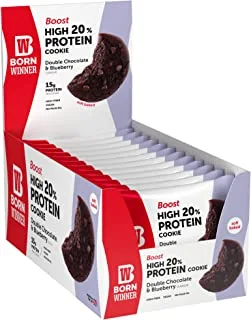 Born Winner Protein Cookie Boost VEGAN Choco Blueberry 12 x 75 g has 15g of Protein, HIGH-FIBER VEGETARIAN NO PALM OIL SOFT BAKED