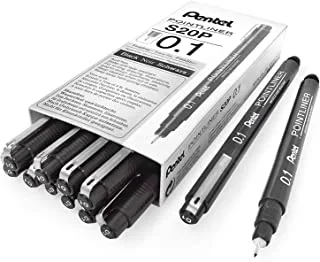 Pentel arts pointliner drawing pen, 0.1mm, black ink, box of 12 pens (s20p-1a)