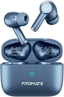 Promate Bluetooth Earbuds, Wireless Active Noise Cancelling Headphones with IntelliTouch Control, 25H Long Playtime, Portable Charging Case and Built-In Mic, ProPods.Blue
