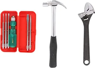 Suzec Johnson Advance Home Kit 5-Pieces Screwdriver (Multicolour) & Adjustable Wrench (200 mm) Claw Hammer Steel Shaft