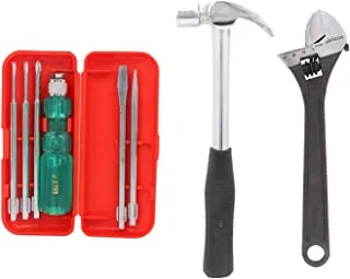 Suzec Johnson Advance Home Kit 5-Pieces Screwdriver (Multicolour) & Adjustable Wrench (300 mm) Claw Hammer Steel Shaft
