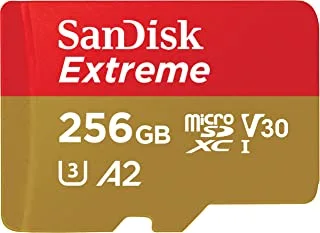 بطاقة SanDisk Extreme microSD UHS I سعة 256 جيجا بايت للفيديو بدقة 4K على الهواتف الذكية وكاميرات الحركة وطائرات بدون طيار 190 ميجابايت / ثانية للقراءة و 130 ميجابايت / ثانية للكتابة