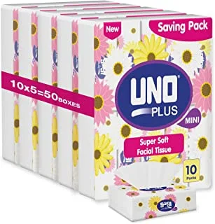 UNO Plus Mini SuperSoft Facial Tissues, Saver Bundle, 180 Sheets x 2 Ply, Pack of 50 Soft Packs
