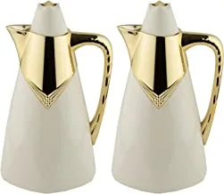 Al Saif Ghinaa 2 Pieces Coffee and Tea Vacuum Flask Set, Size:0,75/1,0 Liter,colour:ivory/Gold