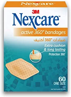 Nexcare Active 360 Bandages/plasters, 23 mm x 28 mm, 60 units/Pack| Latex-free | Conforms, stretches, bends, and flexes | cushions & protects| Breathable and waterproof, sticks to wet skin