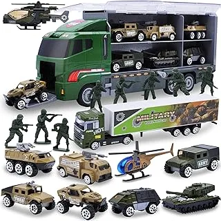 JOYIN 10 in 1 Die-cast Military Truck Army Vehicle Mini Battle Car Toy Set in Carrier Truck