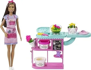 Barbie florist playset with 12-in brunette doll, flower-making station, 3 doughs, mold, 2 vases & teddy bear, great gift for ages 3 years old & up