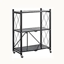 3/4/5-Tier Foldable Storage Shelves, Stand Folding Metal Shelf with Caster Wheels Heavy Duty Shelving Unit Floor-standing for Garage Kitchen Home Closet Office , No Assembly Needed (Black, 3-Tier)