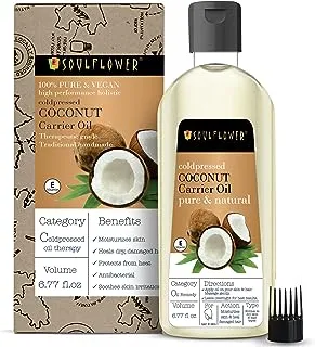 Soulflower Virgin Coconut Oil For Hair Nourishment, Moisturising Skin, Makeup Remover - 100% Pure, Organic, Natural Undiluted Cold Pressed Carrier Oil, Ecocert Cosmos Organic Certified, 6.77 Fl Oz