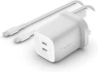 Belkin 65W Dual USB Type C Wall Charger, USB C-C Cable Included, Fast Charging Power Delivery 3.0 with GaN Technology, USB C Plug and USB Charger for iPhone 15, iPad, MacBook, Galaxy, Pixel and More