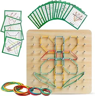 Wooden Geoboard Mathematical Manipulative Material Array Block Geo Board - Graphical Educational Toys with 24Pcs Pattern Cards and Rubber Bands Shape STEM Puzzle Matrix 8x8 Brain Teaser for Kid