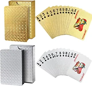 2 Decks of Playing Cards, 24K Foil Waterproof Poker with Gift Box - Classic Magic Tricks Tool for Party and Game, 1 Gold + 1 Silver (Gold+Silver)