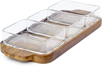 BILLI® Glass Bowls with Wooden Tray Fruit Condiment Appetizer Tray Desserts Serving Tray Snack Nut Plate with 3 Bowls