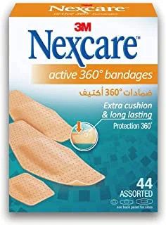 Nexcare Active Bandages/plasters Assorted sizes, 44 units/pack | Latex-free | Conforms, stretches, bends, and flexes | cushions & protects| Breathable and waterproof, sticks to wet skin