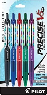 PILOT Precise V5 RT Deco Collection Refillable & Retractable Liquid Ink Rolling Ball Pens, Extra Fine Point, Black/Blue/Red/Green/Purple Inks, 5-Pack (41980)