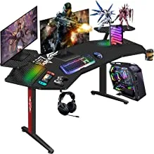 AccLoo Gaming Table, Large Size Gaming Desk w/Monitor Stand, Carbon Fiber Desktop Computer Table w/Cup Holder Headphone Hook, Office Desk W/Mouse Pad, Home Office Study Writing Workstation