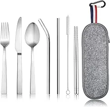 Mumoo Bear Portable Utensils, Travel Camping Cutlery Set, 8-Piece including Knife Fork Spoon Chopsticks Cleaning Brush Straws Portable Case, Stainless Steel Flatware set (8-piece Gold)
