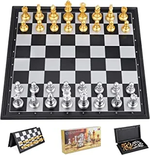 مجموعة ألعاب لوح الشطرنج للسفر من Mumoobear - قطعة شطرنج مغناطيسية مع لوحة محمولة / قابلة للطي - ألعاب تعليمية للأطفال / الأطفال / البالغين - قطعة شطرنج ذهبية / فضية - هدية ألعاب تقليدية